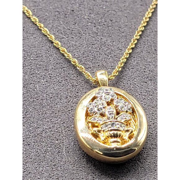 14kgp Crystal Double Locket Pendant Necklace Floral Vase Design Gold Plated 18" - Picture 7 of 12